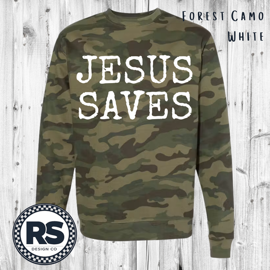 Jesus Saves - Forest Camo - Crewneck